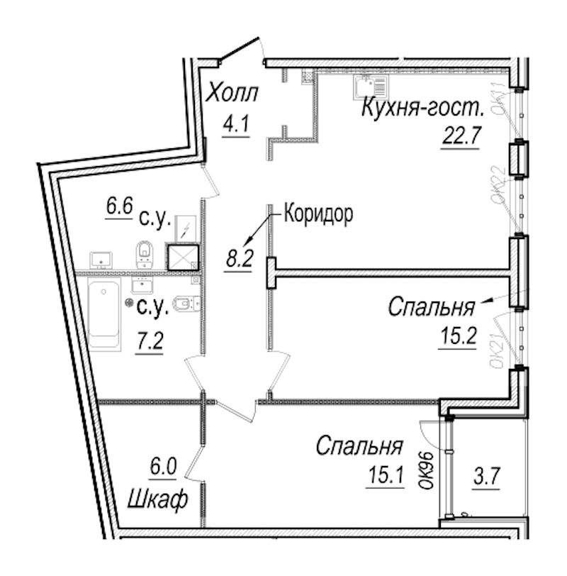 2-комнатная квартира 86.9 м², 3/7 эт., Комплекс апартаментов «Meltzer Hall»